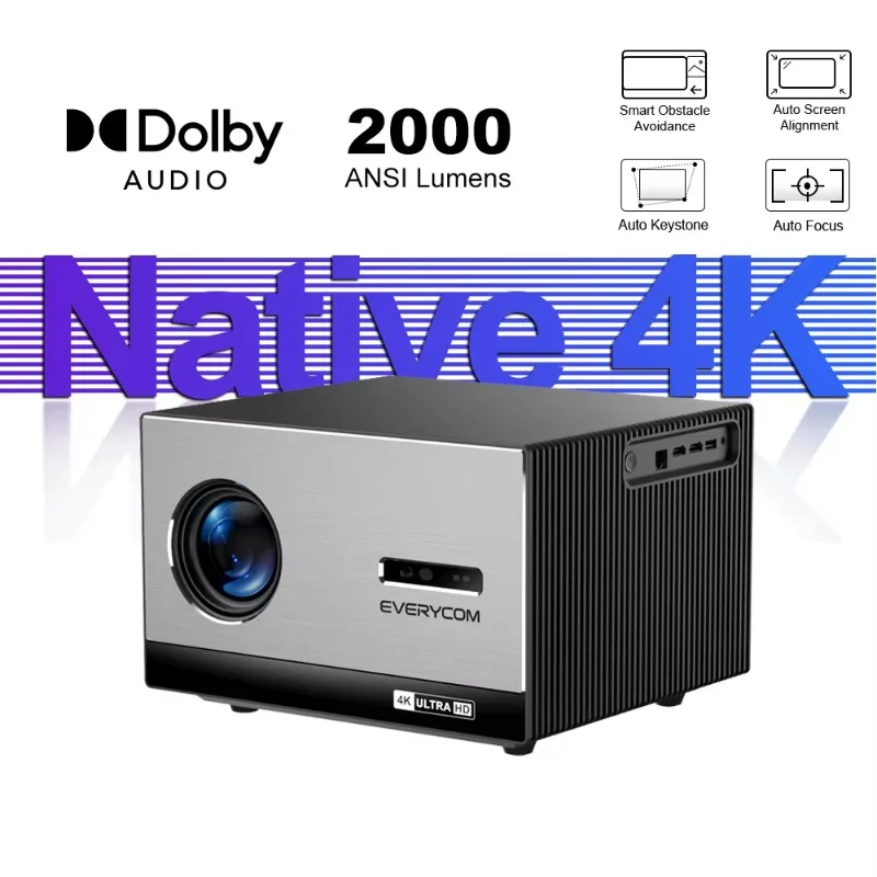 4K Projector 3840x2160 Everycom Cinelux 2000ANSI Ultra Bright FLED Smart Auto Focus Keystone Home Theater Cinema 4K