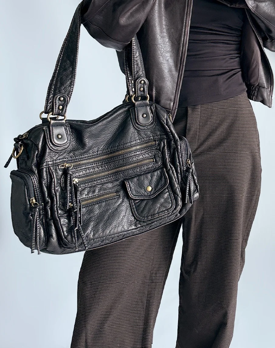 

Y2K Multi-Zipper Motorcycle Bag Sweet and Cool Soft Leather Retro Tote Bag French Armpit Bag Shoulder Bag