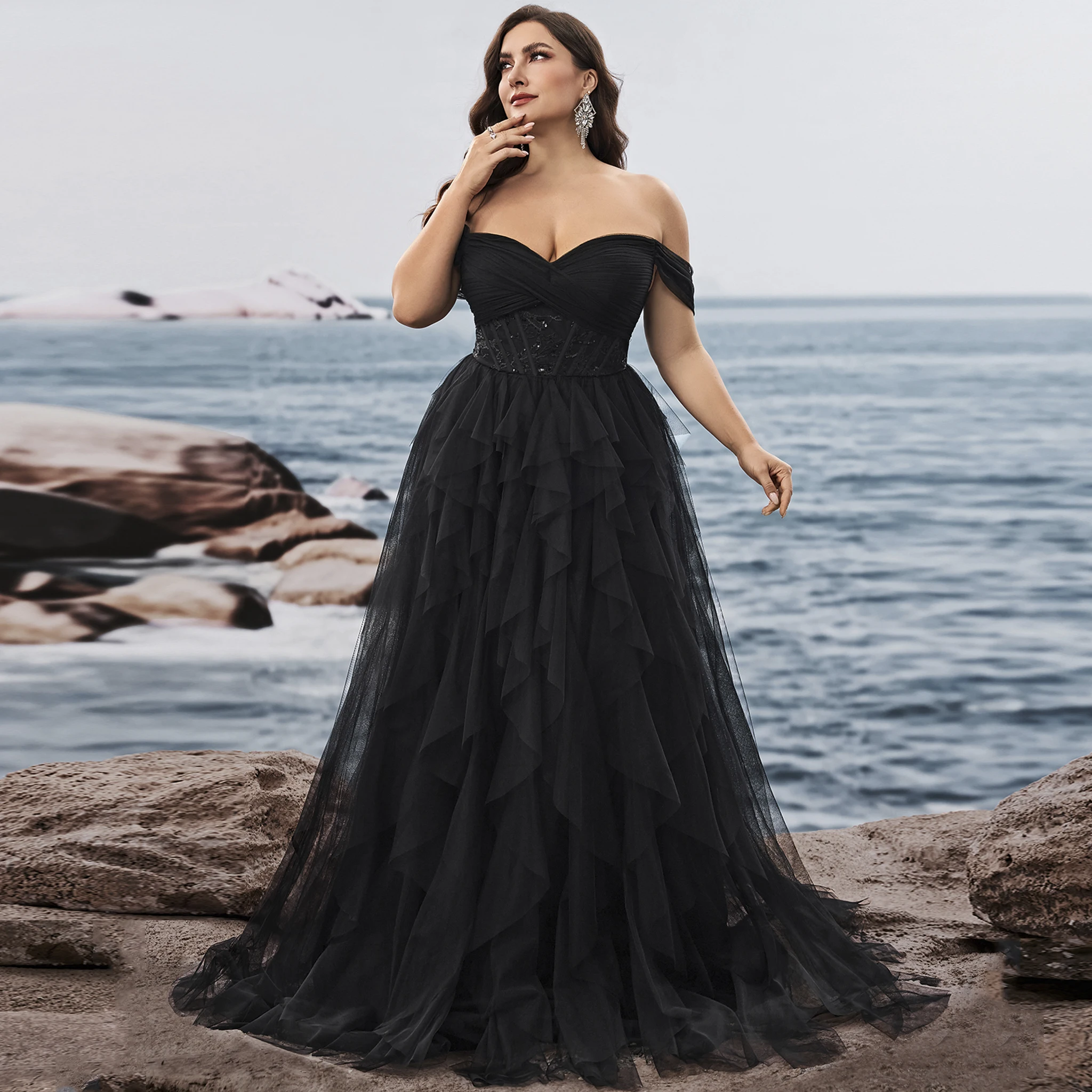 

Rosymae plus Size off Shoulder Ruffled Black Long Formal Dress for Women Evening Party Prom Homecoming Wedding Guest Sweet 16