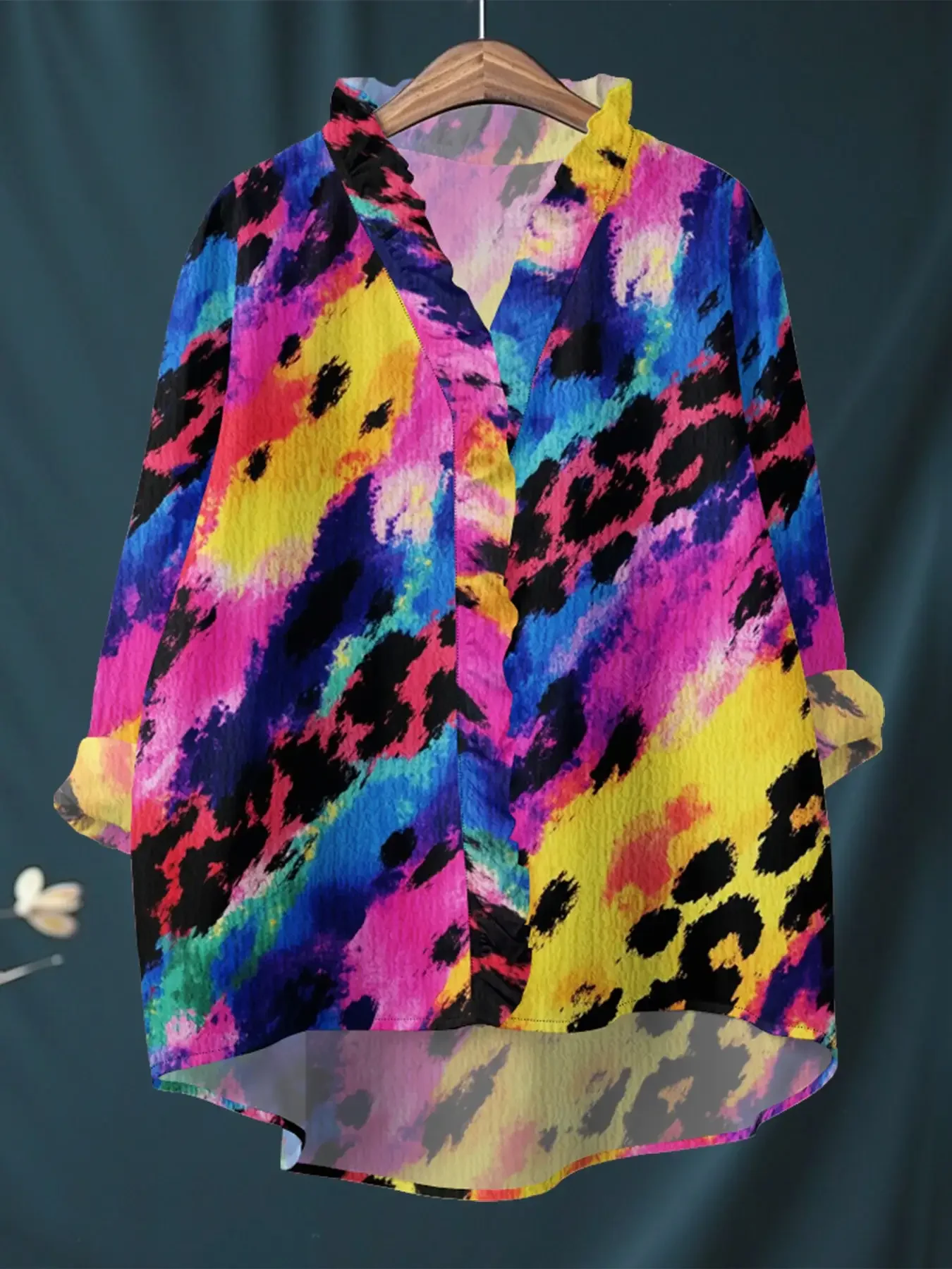 Ladies' printed long sleeved shirt with ruffled neckline, featuring a vintage artistic and Soft and textured to the touch