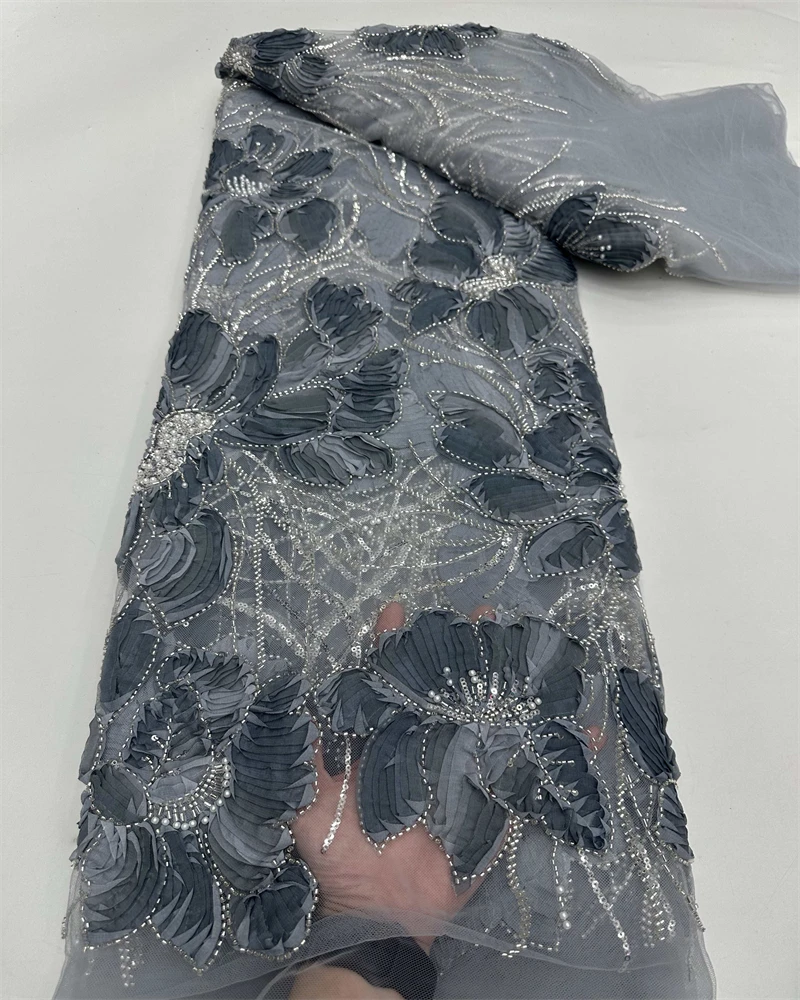 African Handmade Beaded Tulle Lace Fabric French Style Net with Sequins And Pearls for Bridal Party Dresses