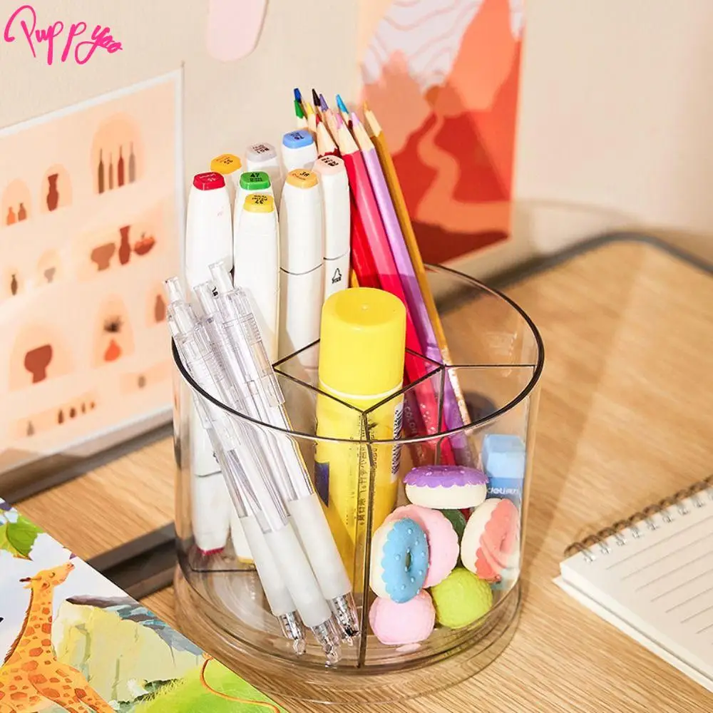 360° Rotation Rotatable Pen Holder Large Capacity 5 Grids Pencil Storage Box PET Space Saving Makeup Brush Organizer Desktop