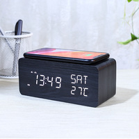 New Wooden Digital Alarm Clock Bluetooth Speaker with Wireless Charging Led Temperature Humidity Display Sound Control Function