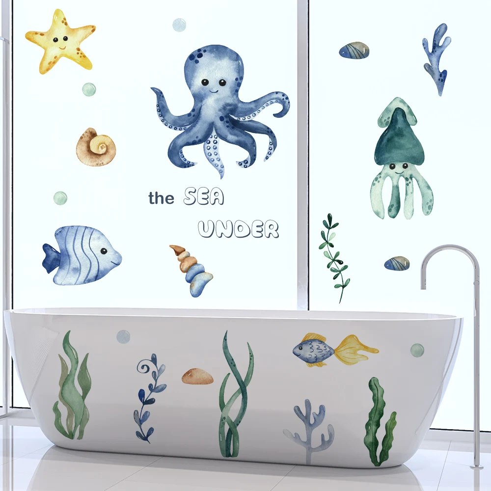 Cartoon Octopus Fish Removable Wall Stickers for Kids Room Kindergarten Eco-friendly Nursery Decor Window Bathroom Tile Decals