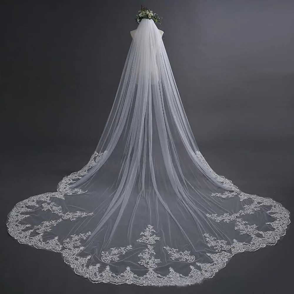 B36 1 Layer Veil Cathedral Wedding Veil with Lace Bridal Headwear Vail Embroidered Bridal Veil Double Layer Veil for the Bride