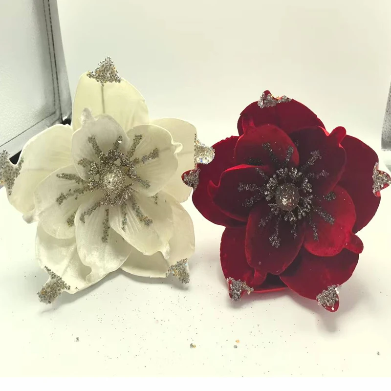 

5pcs 26cm Artificial Christmas Flower Velvet Cloth with Glitter Powder Fake Large Flower Head Xmas Wedding Home Decorate