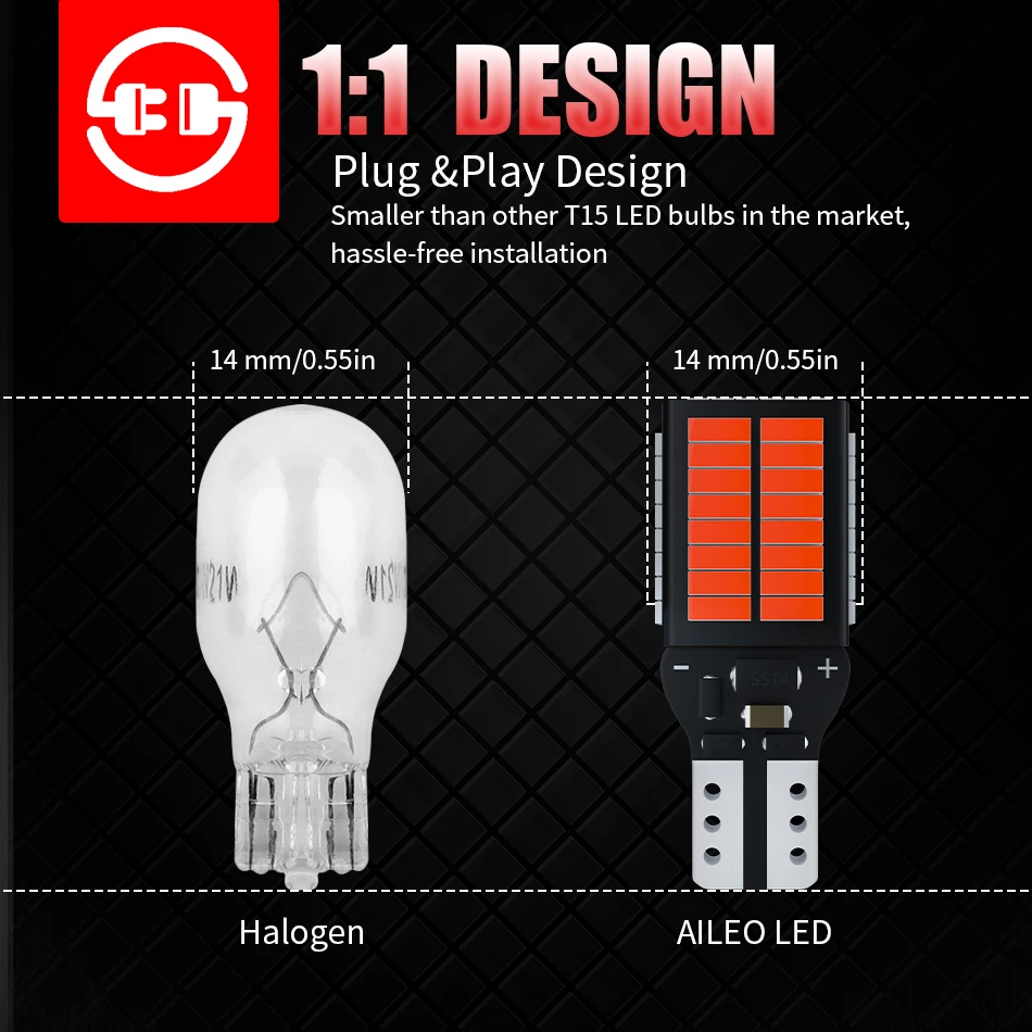 AILEO-LED Lâmpadas de backup, alta potência, Canbus, vermelho, 6000K, T15, 906, W16W, 4014, 54-SMD Chipsets, 1800LM, 912, 921, 2 pcs