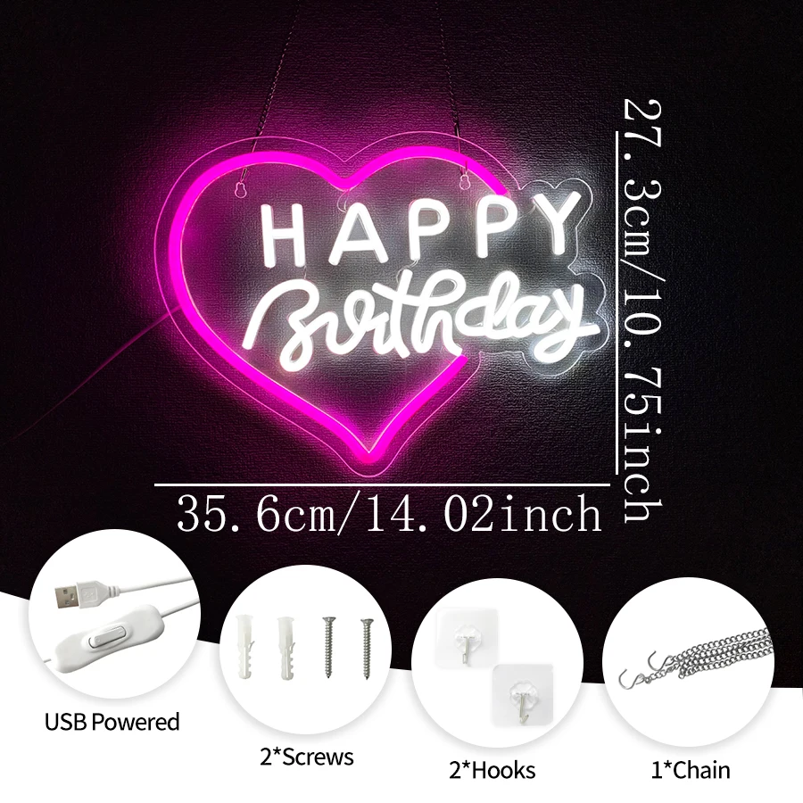 Happy Birthday Led Neon Sign, Pink Heart-Shaped Icon Wall Decor, Suitable For Any Age Birthday Background Signs, Party Gifts.