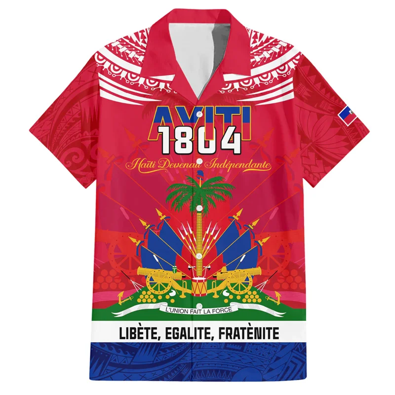 3D Printed Hawaiian Shirts For Men Haiti Independence Anniversary Ayiti Flag Coat Of Arms Shirts Casual Trendy Women Tops Clothe