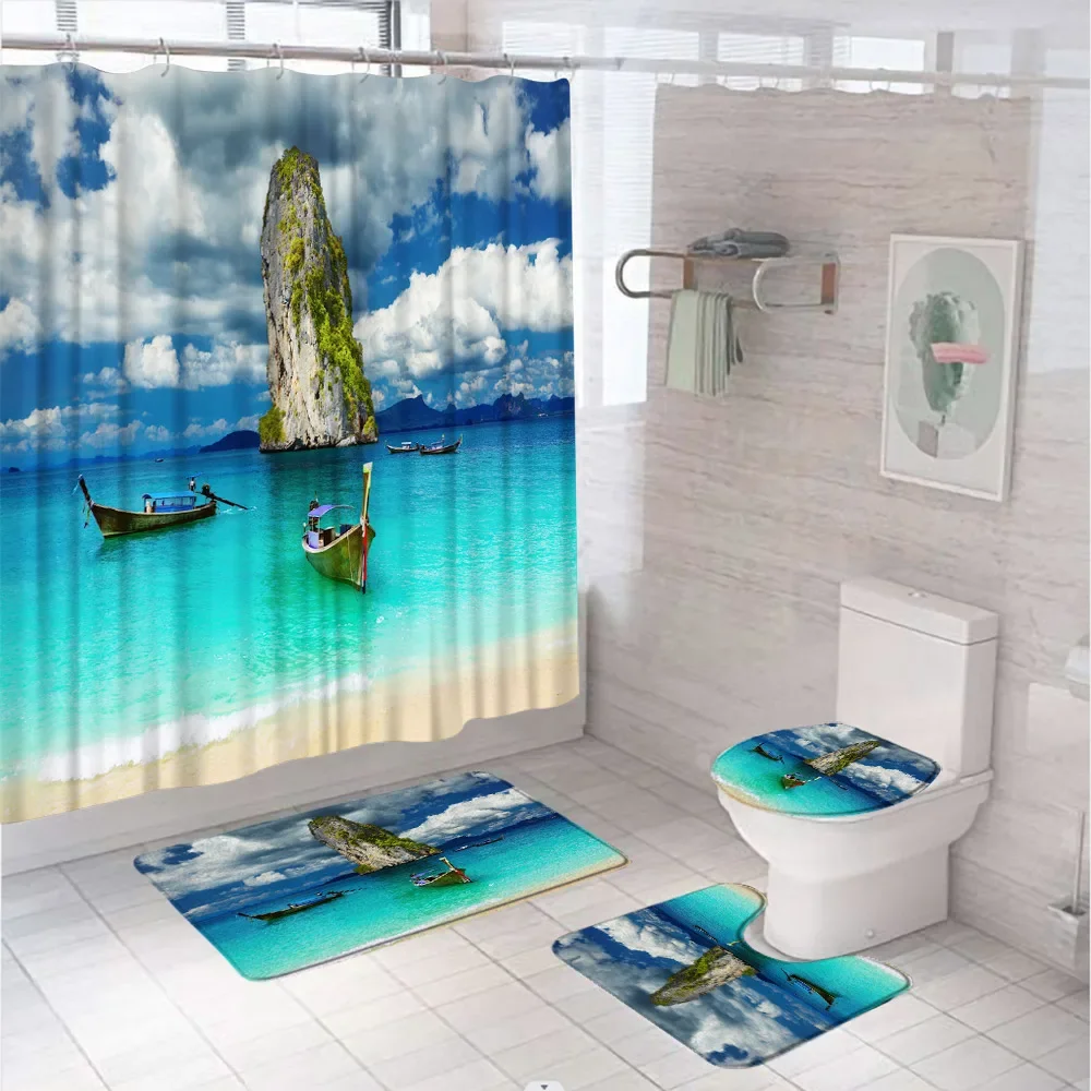 Tropical Beach Boat Shower Curtain Sets Island Scene Blue Ocean Sea Waves Bathroom Curtains Anti-Slip Bath Mats Rug Toilet Cover