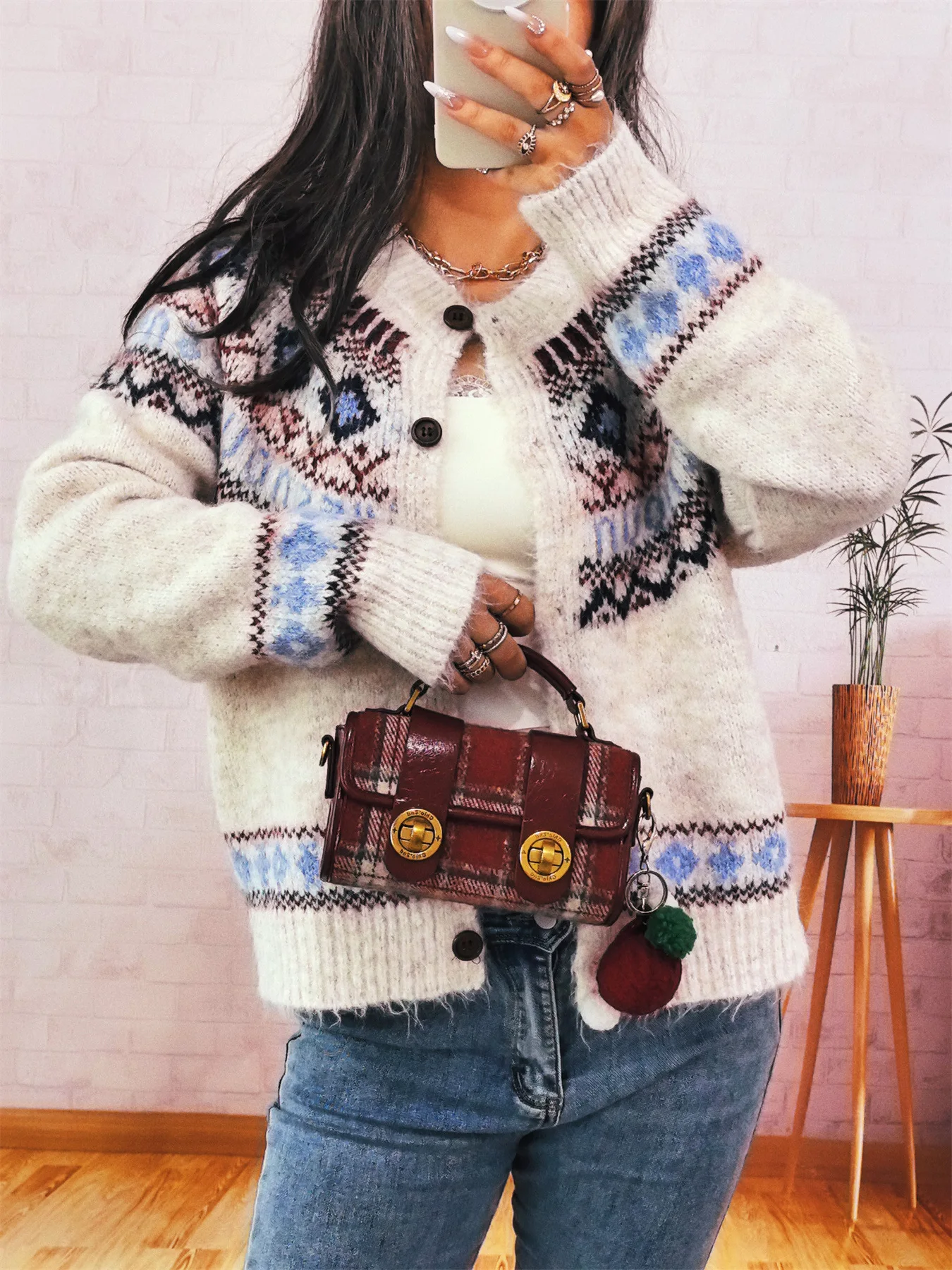 เสื้อคาร์ดิแกนไหมพรมถักลายวินเทจ คอทรงโอ แขนยาว ติดกระดุมแถวเดียว สำหรับผู้หญิง  คอลเลคชั่นฤดูใบไม้ร่วง-ฤดูหนาว