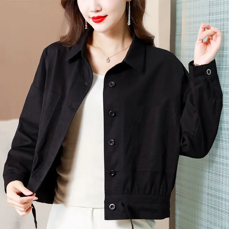 Casual Thin Jacket for Women Spring Autumn New Korean Loose Long Sleeve Solid Drawstring Short Coats Top Vintage Fashion Clothes