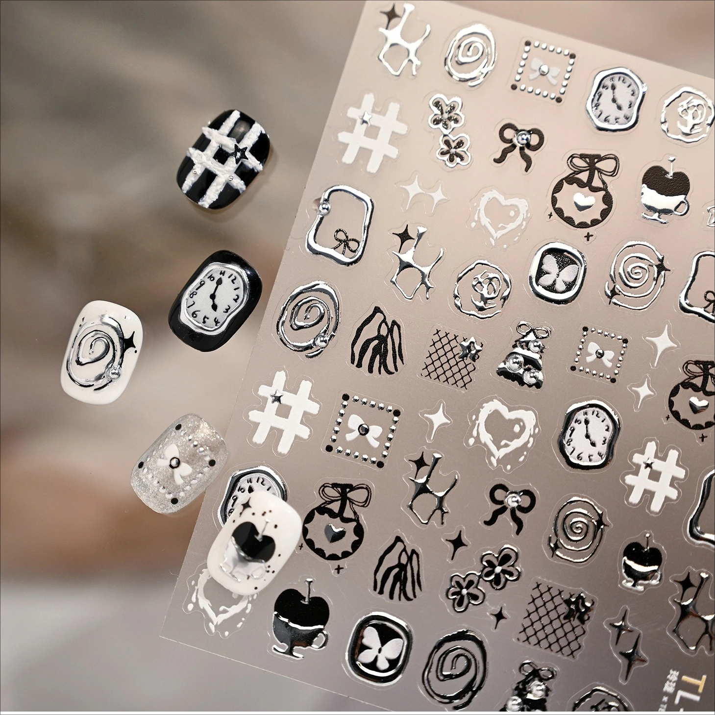 Black Bowknot Flower Grid Apple Star Line Silver Clock Butterfly Christmas Tree Snowman Adhesive Nail Art Sticker Manicure Decal