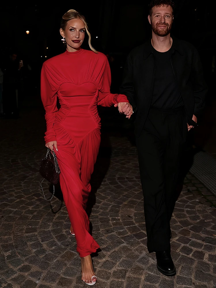 Cutenew Elegante abito natalizio da donna con pieghe patchwork a maniche lunghe semplice da sera sexy da ballo di fine anno elasticizzato skinny maxi aderente