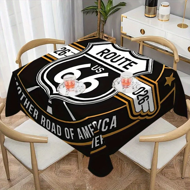 1Pc Vintage Route 66 Tablecloth Black And White Road Sign Print Table Cover For Dining Room Kitchen Decor Dustproof