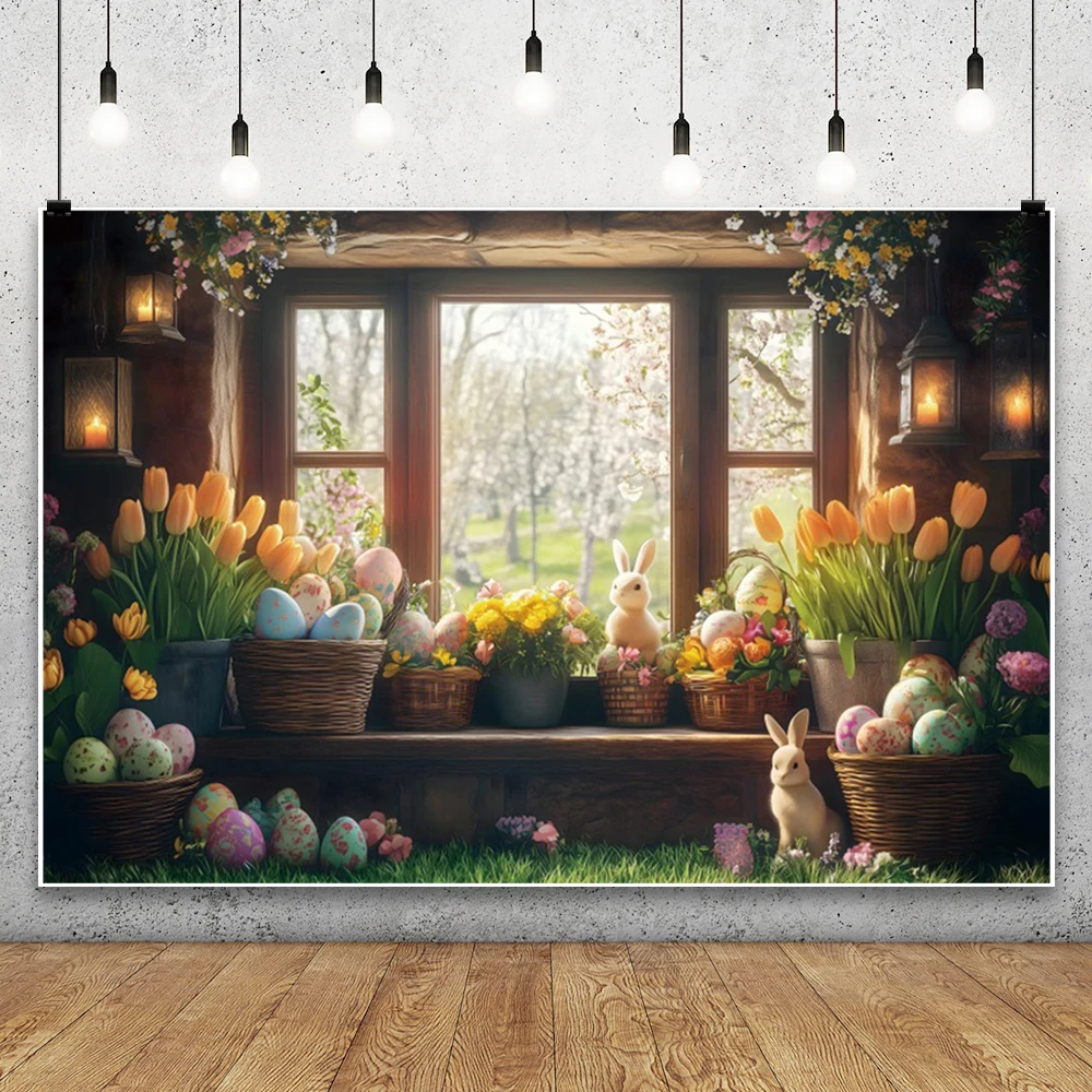 Latar belakang Tulip Paskah musim semi untuk fotografi, latar belakang foto ulang tahun, jendela kayu bunga, telur warna-warni, fotografi, kelinci