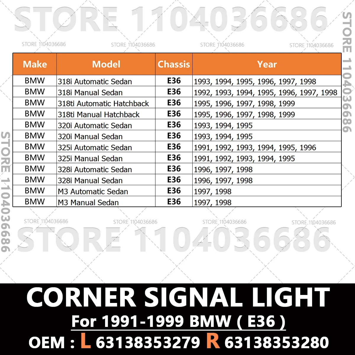 สําหรับ 1991-1999 E36 BMW 318i 318ti 320i 325i 328i M3 4 ประตูรถมุมไฟเลี้ยวสีขาวสีเหลืองสีเทา 63138353279 63138353280