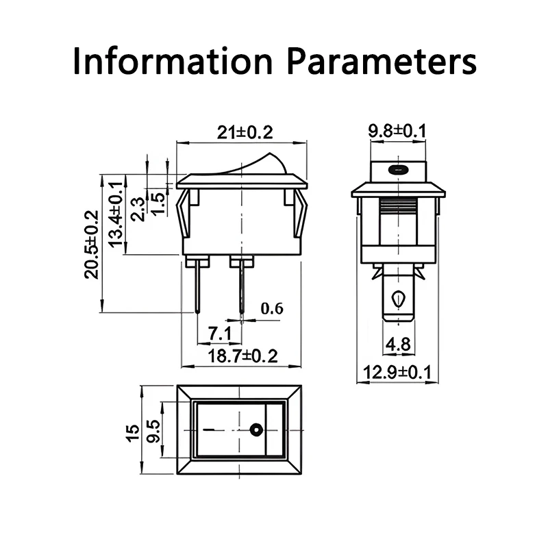 15 Stück KCD1-101 Wippschalter 2Pins/3Pins SPST ON/OFF 15*21mm Schwarz Rot und Weiß 6A 250V AC / 10A 125V AC Snap-in Power-Taste – Detail 5
