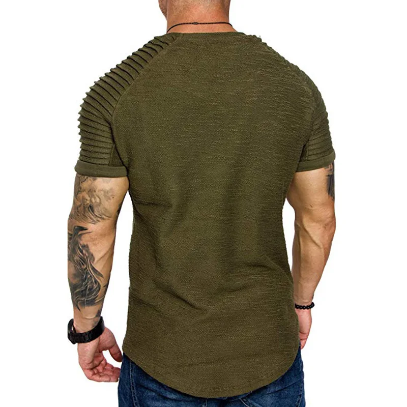 New summer crew-neck slim-fit pleated casual short-sleeved youth fashion base shirt men\'s sports shoulder sleeve top