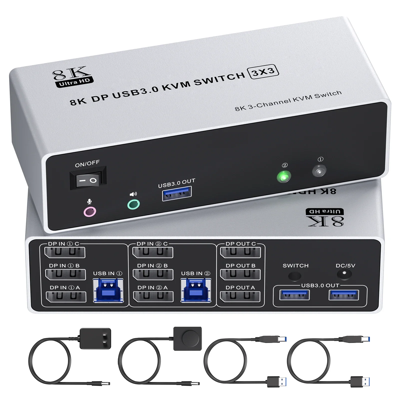 8K@60Hz Displayport KVM Switch 3 Monitors 2 Computers, 4K@120Hz Triple Monitor KVM Switch for 2 Computers Sharing 3 Monitors