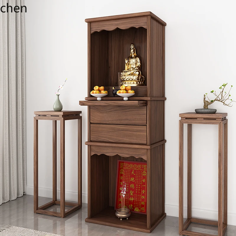 HT  solid wood double-layer shrine cabinet Buddhist shrine Landlord Guanyin Buddhist  God of Wealth shrine vertical cabinet