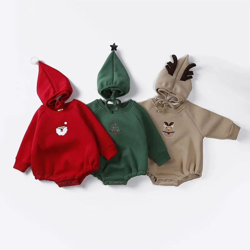 

Christmas Infant Baby Clothes Infant Bodysuit With Hat Fleece Warm One Piece Newborn New Year Gift Jumpsuits
