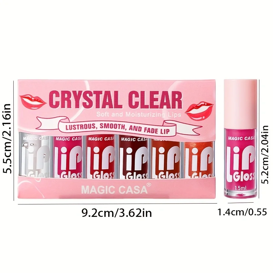 ชุดลิปกลอสใส 6 ชิ้น - Watery Jelly Lip Protector Oil, ริมฝีปากให้ความชุ่มชื้นยาวนาน, ลิปกลอสมันวาวสูง, แต่งหน้าฐานให้ความชุ่มชื้น, มันเงา, เรียบเนียน