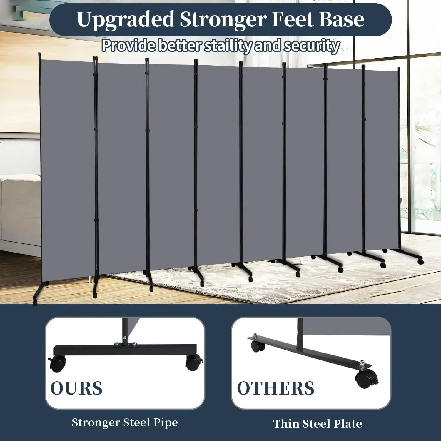 Lockable Wheel Folding Privacy Screen Freestanding Fabric Partition Room Separator Home Office Bedroom Studio Wall Divider