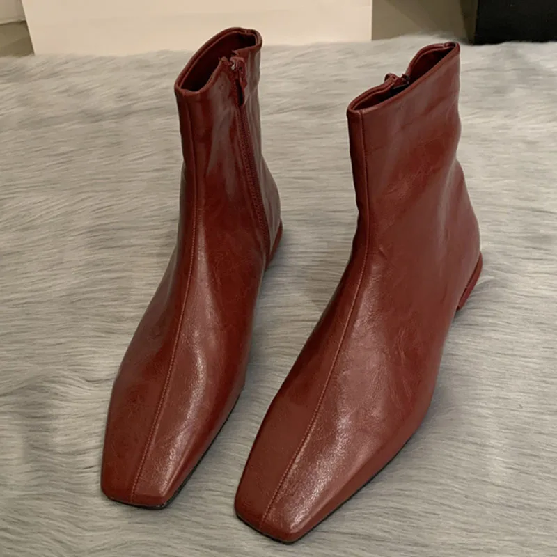 

2025 красно-коричневые новые брендовые женские ботильоны, модные женские элегантные короткие ботинки с квадратным носком и молнией сзади, туфли на квадратном низком каблуке