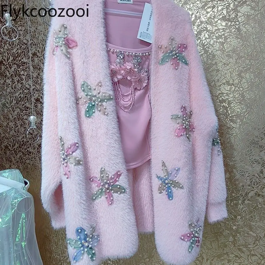 Fairy Pink Thickened Three-dimensional Plus-size Color Dopamine Covered in Flowers Fluffy Long Coat Casual Knitted Cardigan