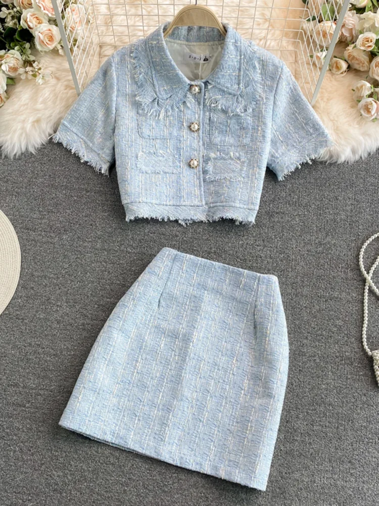 Summer Fashion Tweed 2 Piece Set For Women Korean Single Breasted Tassle Short Sleeve Tops And High Waist Bodycon Mini Skirt