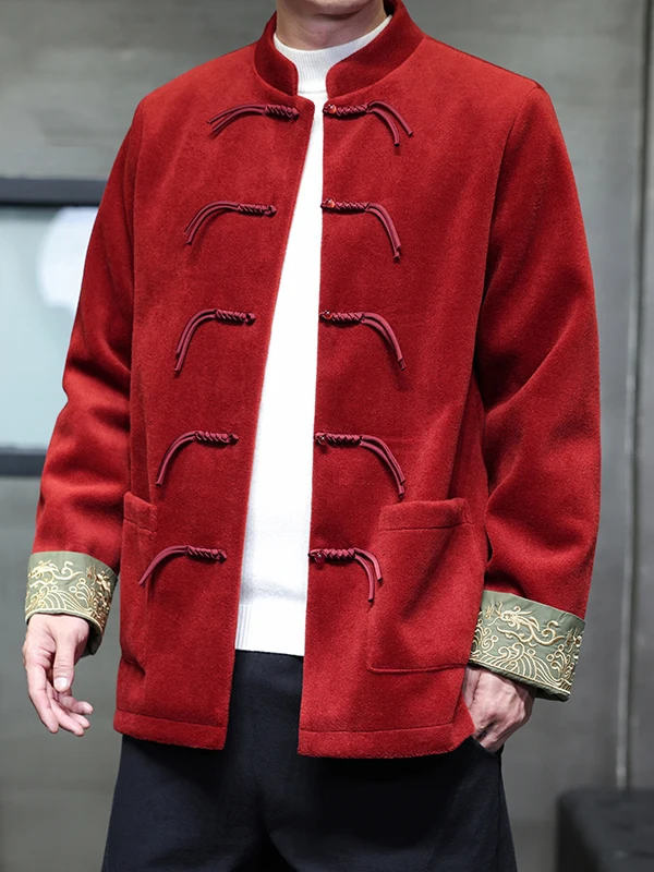 

Men's Autumn Winter New Loose Fit Stand Collar Tang Suit Jaet with Button Detailing Long Sve Casual Wear in China