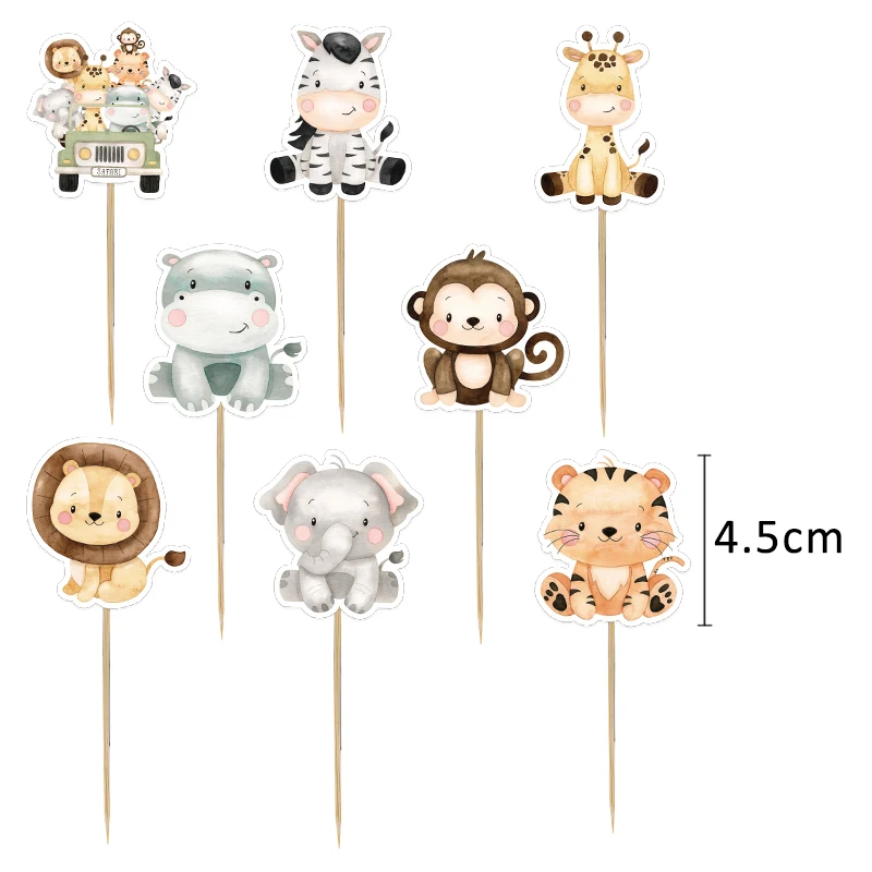 24pcs Carton Wild Animal Cake Toppers Cupcake Topper For Kids Jungle Safari Forest Birthday Party Decoration DIY Cupcake Supply