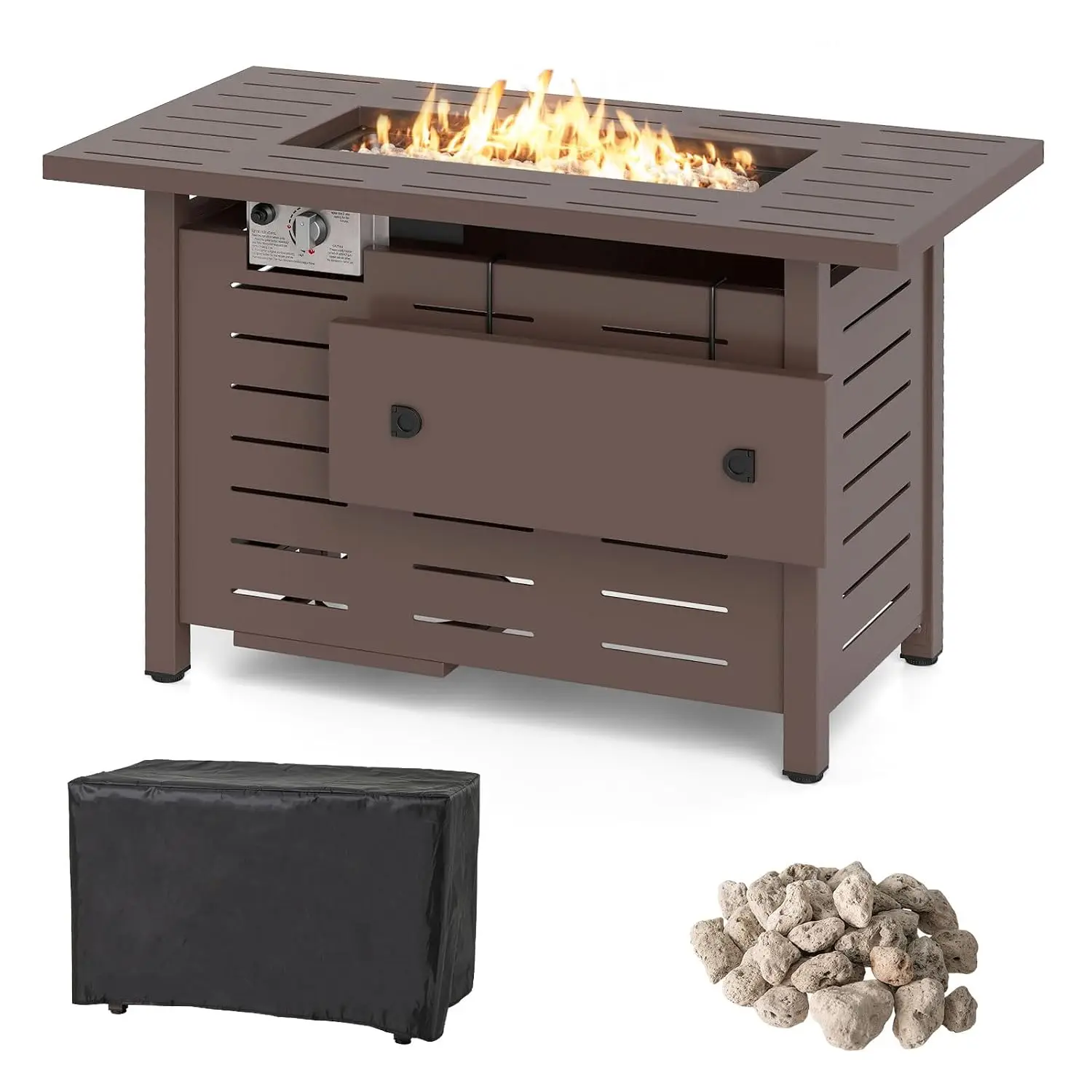 40 Inch Rectangle Propane Fire Pit Table with Lava Rocks, Removable Lid, Protective Cover for Patio & Garden, Brown, Customized