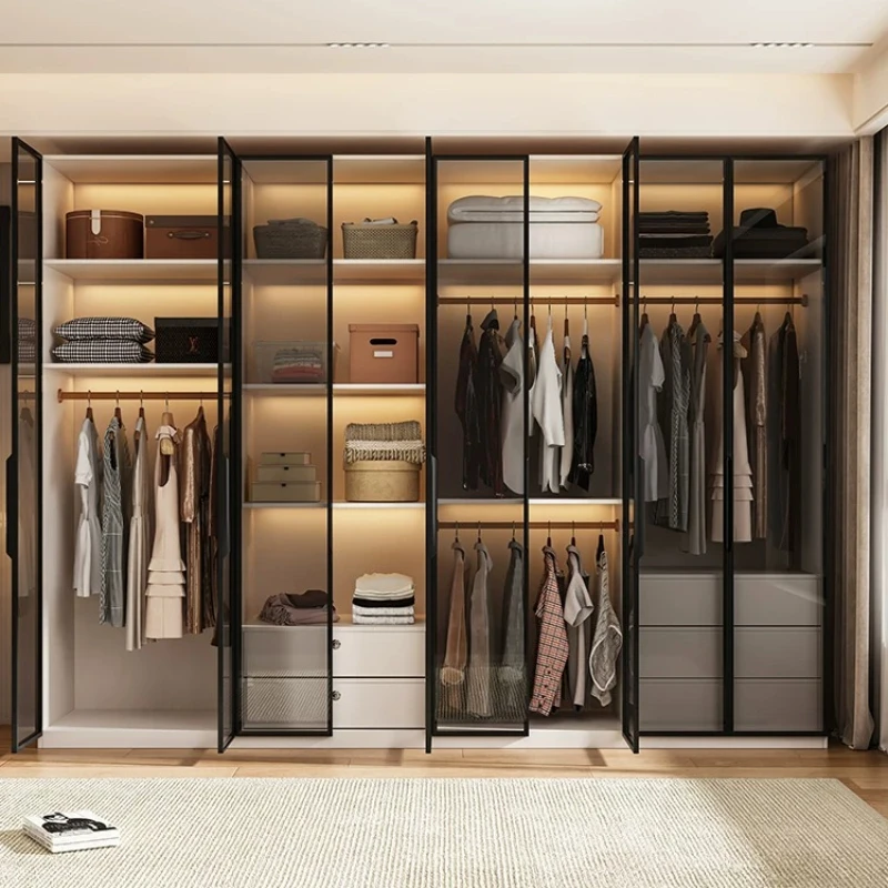 Modern Minimalist Dark Metal Frame Display Armoire Modular Spliced Glass Door Clothes Cabinet with Multi-Layer Partition Storage