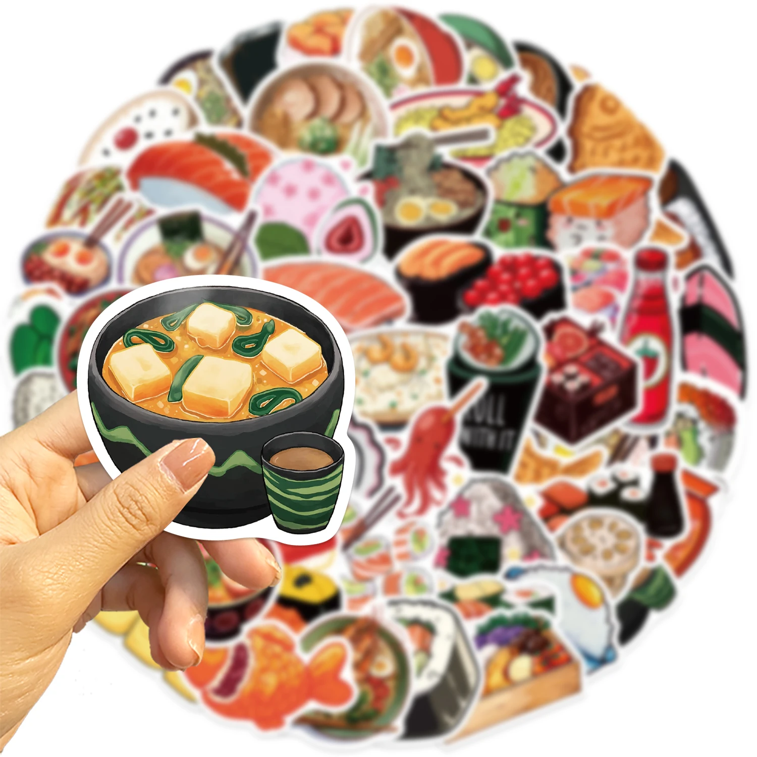 55 Stück niedliche japanische Lebensmittel-Aufkleber, wasserfeste Vinyl-Aufkleber mit Sushi, Ramen, Lachs, für Laptop, Gepäck, Gitarre, Helm, DIY-PVC-Aufkleber