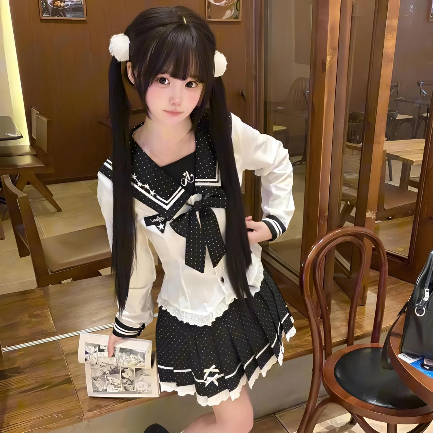 2026 New Sweet Sailor-Style JK Uniform Set: Black & White Polka-Dot Embroidery, Preppy Look, and Waist-Cinching Fit COS