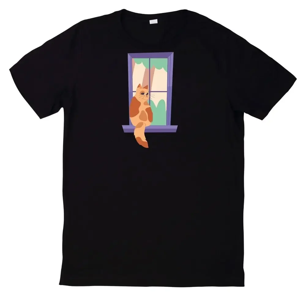 Cat Look Out the Window Cotton T-Shirt  High Quality 100%Cotton Short Sleeve