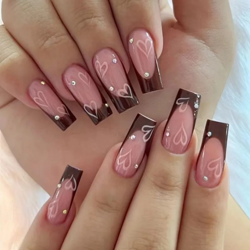 Uñas postizas acrílicas de 24 piezas, arte de especias geniales, puntas de uñas postizas, extraíbles, corazón francés, negro, medio largo