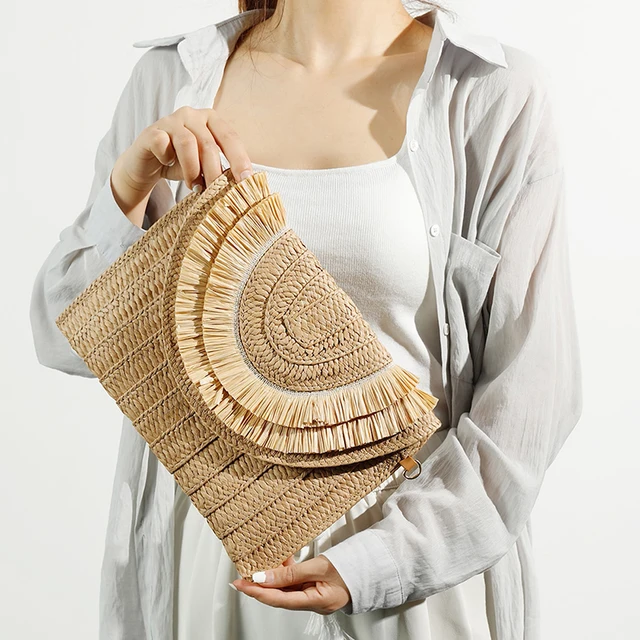 Raffia słomiane torby tkane moda damska kopertówki na nadgarstek letnie damskie torby na ramię typu crossbody ręcznie robione torebki torebka torba plażowa