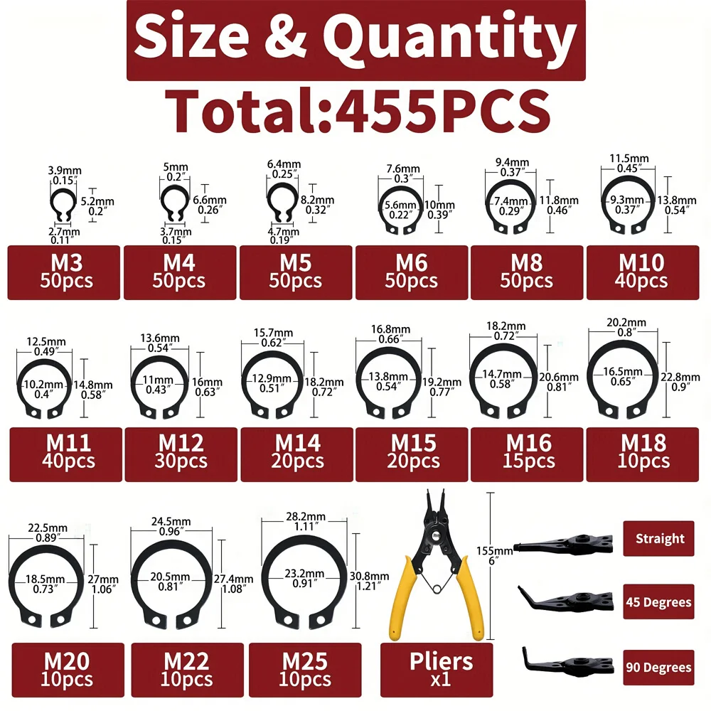 455pcs Assortment Kit Steel Retaining Clip Snap C Type Internal Circlip Pliers Set Snap Ring Head Retaining Circlip Pliers Tools