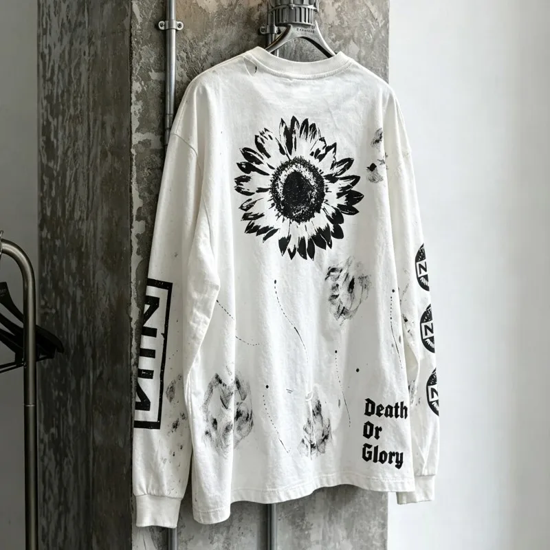 Vintage Washed Worn Hole Saint Long Sleeve Tshirt Men Women Hiphop Street Hand Drawn Ink Splattered Graffiti NIN Round Neck Tops