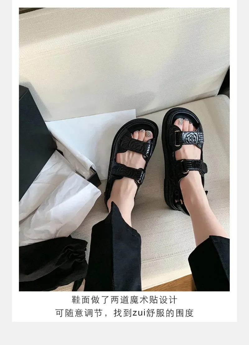 Women Leather Xiaoxiang Style Sport Sandal Shoes Fashion Leisure Thick Soled Roman Sandals Girl Summer Black Simple Dark Fringe