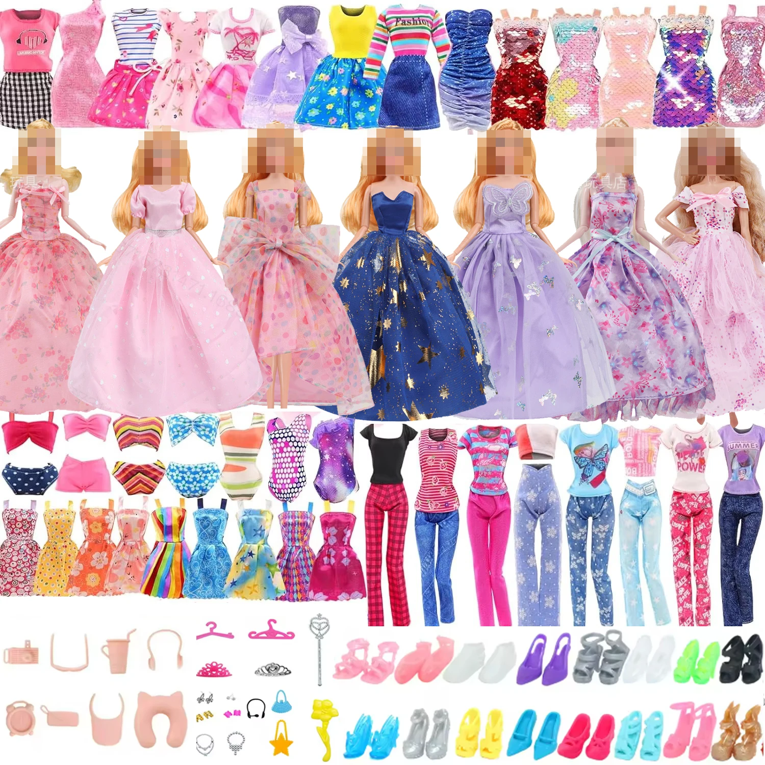 

46PCS 11.5'' Doll Clothes =3 Evening Gown 2 Outfit 2 Dress 2 Swimsuit 5 Braces Skirt 10 shoes 22 Doll Accessories Kids Toys Gift