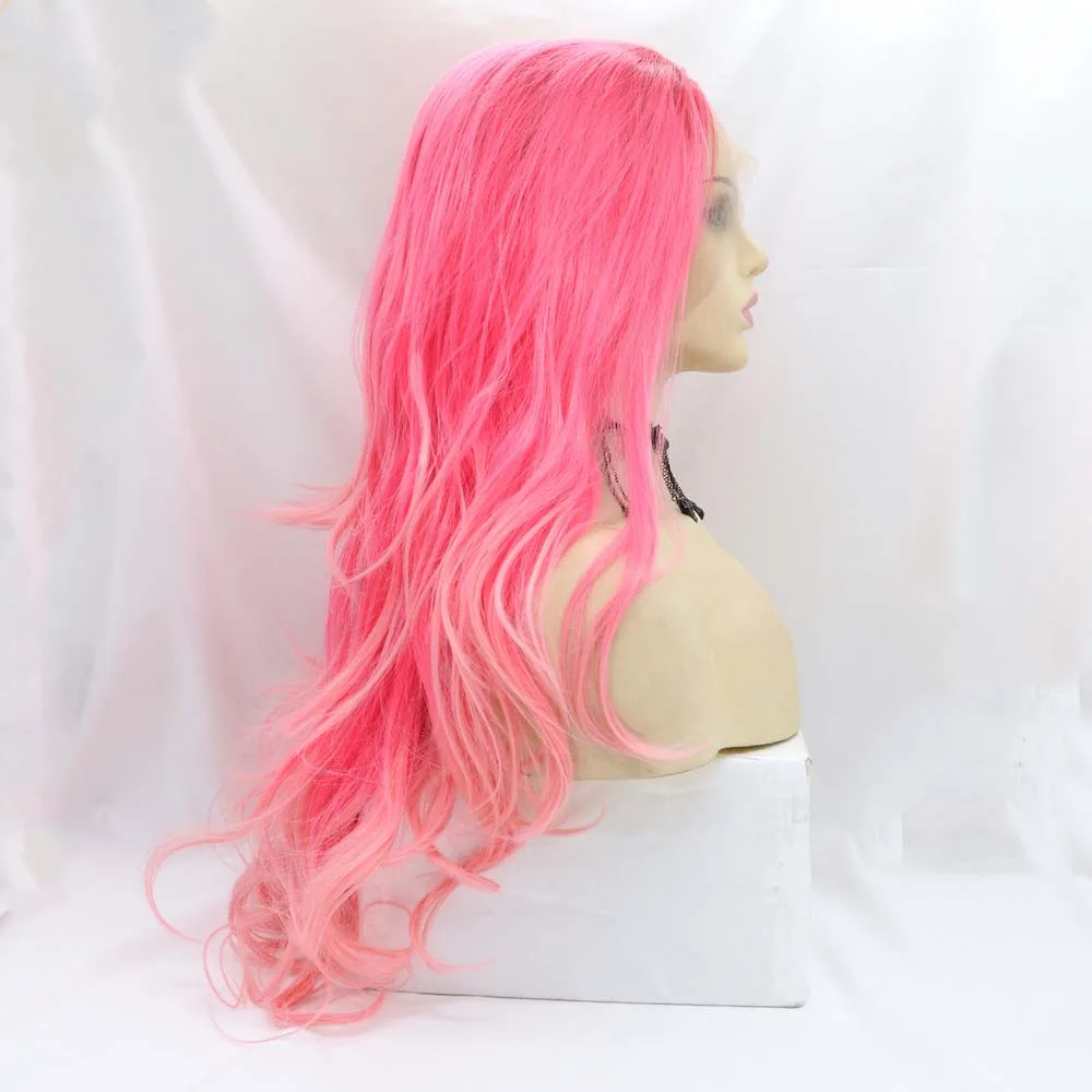 Sylvia Synthetic Pink Lace Front Wigs 3T Ombre Pink Long Wavy Wig Pink Tips Heat Resistant Fiber Rose Pink  Cosplay Wigs