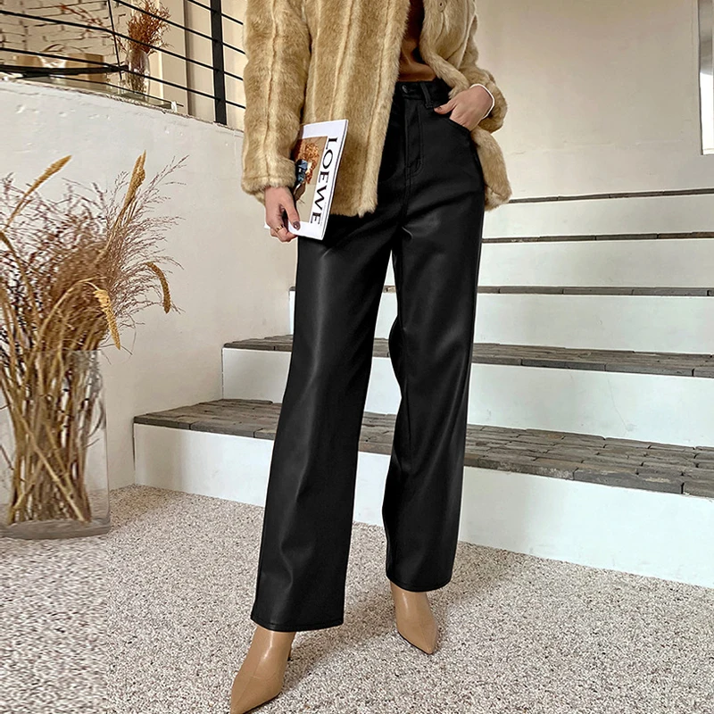 Pantalon Long en Cuir group pour Femme, Vêtement Vintage, Décontracté, à Jambes Droites, en Peau de Mouton, à la Mode, Taille Haute, Automne Hiver