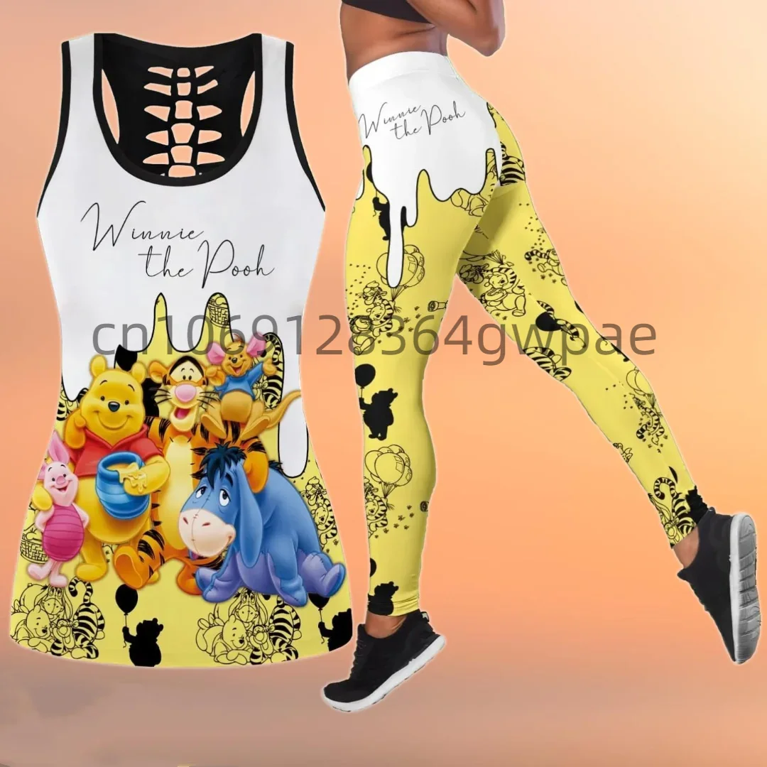 Disney Kubuś Puchatek Damski podkoszulek z wycięciem Legginsy Zestaw do jogi Letni dres fitness Hollow Tank Top Legginsy Zestaw