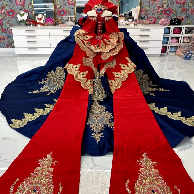 Koningsblauw Glanzende Quinceanera Jurken Uit De Schouder Applique Kant Kralen Kristal Strik Tull Feest Verjaardag Sweet 16-jurk Vesti