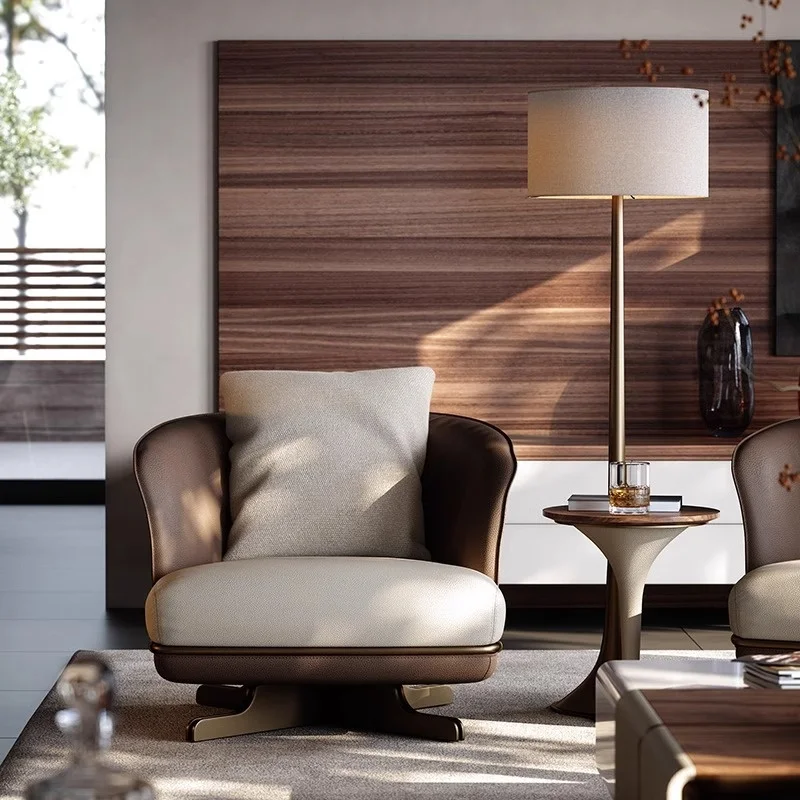 

！@Italian Designer Single Sofa Chair Light Luxury Style Genuine Leather Sponge Rotatable Modern Villa Living Room Leisure Areas