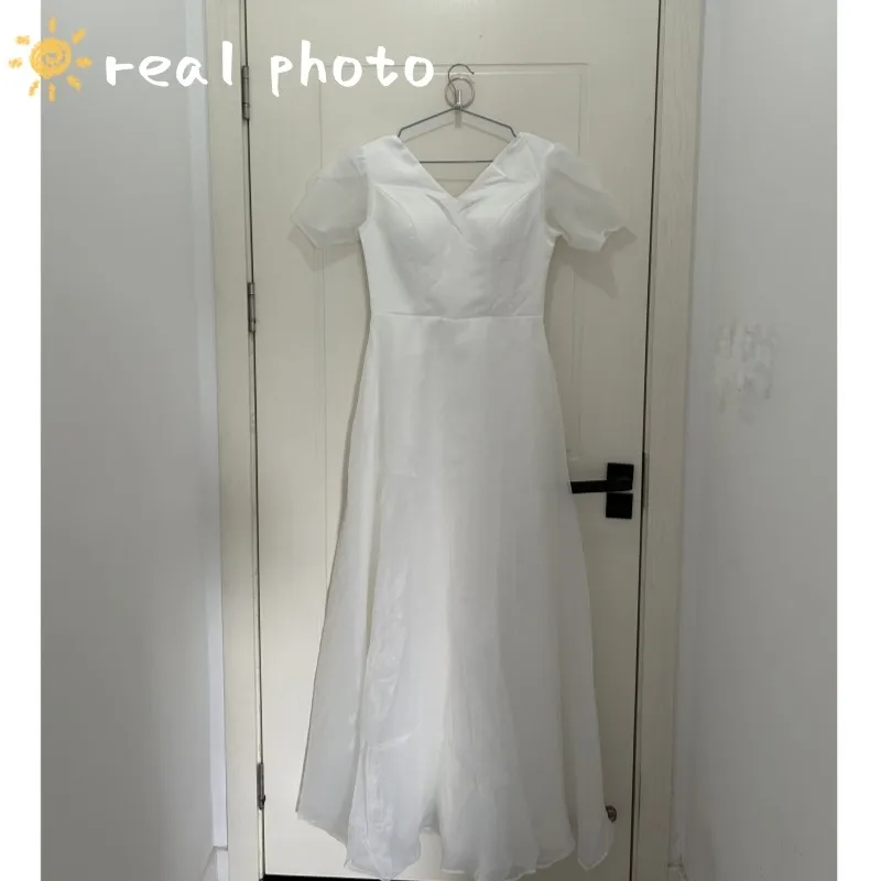 New Simple Wedding Dress For Women Classic V-neck A Line Bridal Dresses With Short Sleeve Elegant Long Party Dress Customized